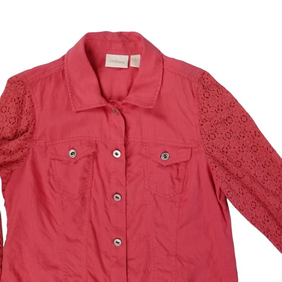 Chico's Linen Shacket Truckers Jacket Womens Sz M ( 1 ) Lace Sleeve Salmon - Picture 8 of 16